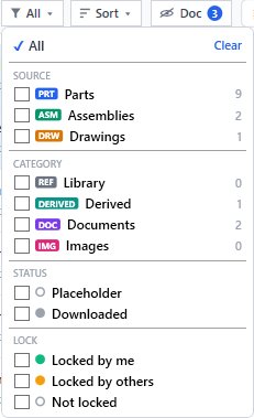 The Filter dropdown grouped by Type, Status, and Lock