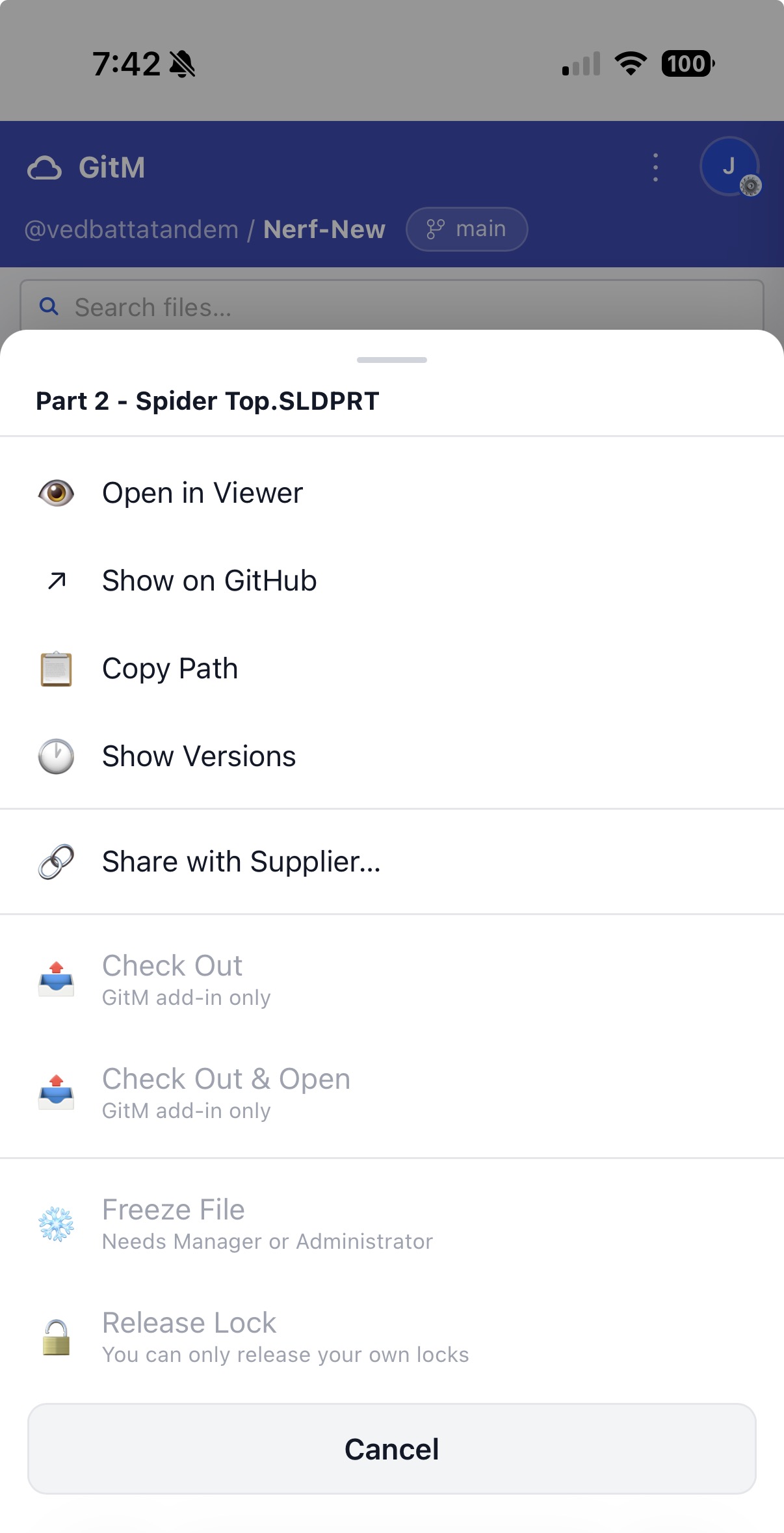 The file action sheet open on a phone